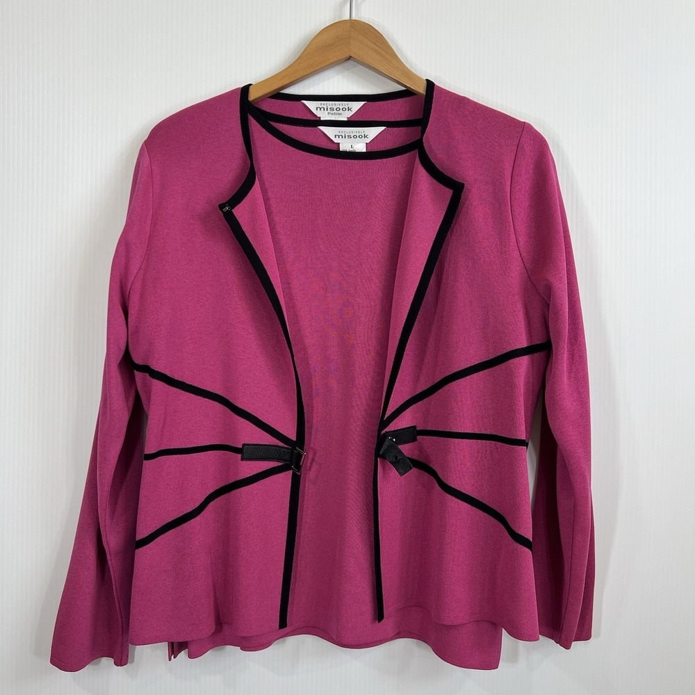 Misook Cardigan Short Sleeve Top Twin Set Size Large Petite Pink Black Trim 2PC